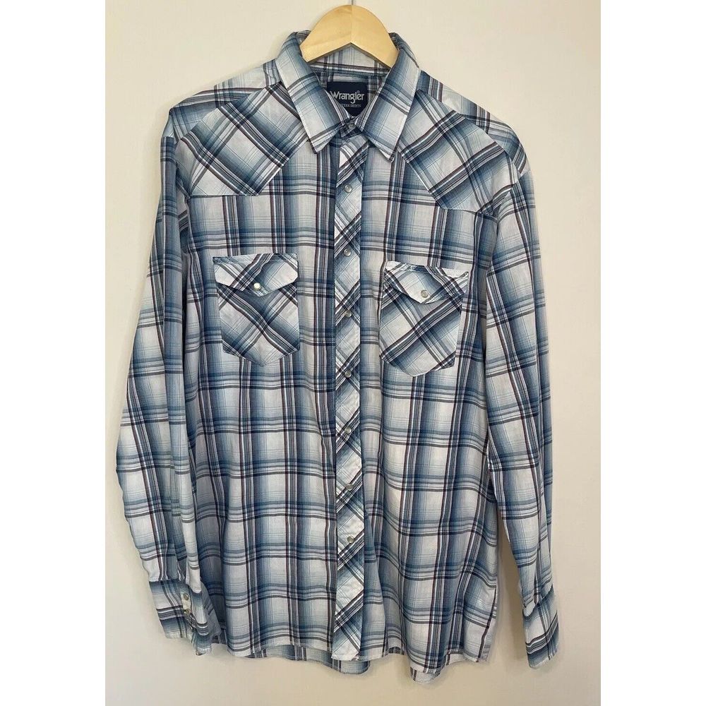 Wrangler Western Pearl Snap Shirt‎ Mens Large Blue Plaid Rodeo 2 Pocket